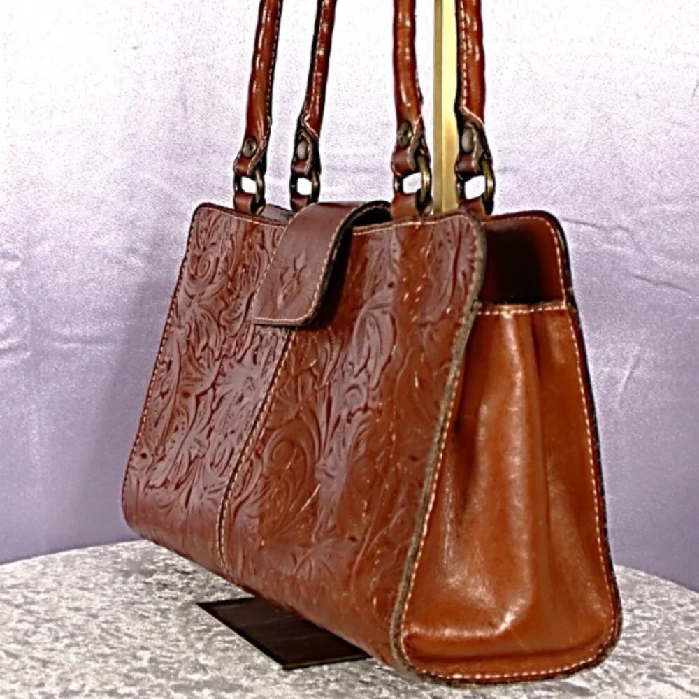 Patricia Nash Tooled Leather Satchel in Cognac Brown